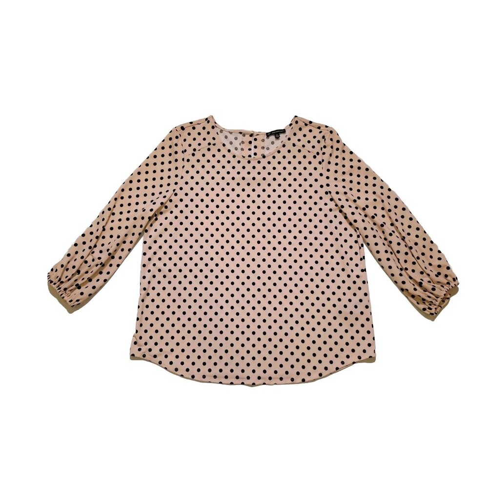 Adrianna Papell Blouse XL Peach Black Polka Dot Stretch Top 3/4 Balloon Sleeve